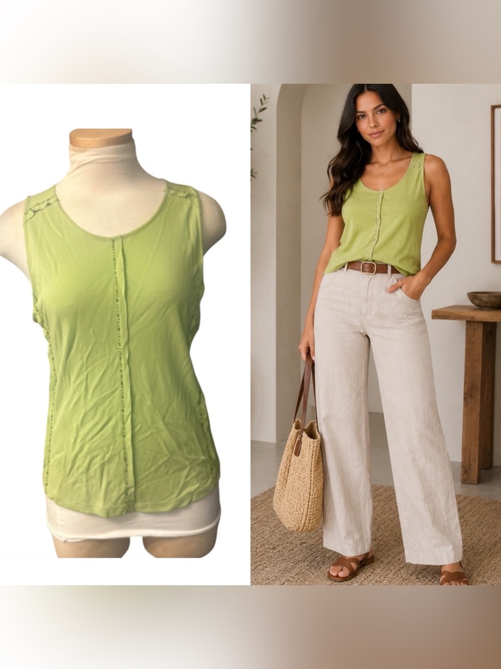 Kenneth Cole Light Green Sleeveless Scoop Neck Tank Top with Beading Size M